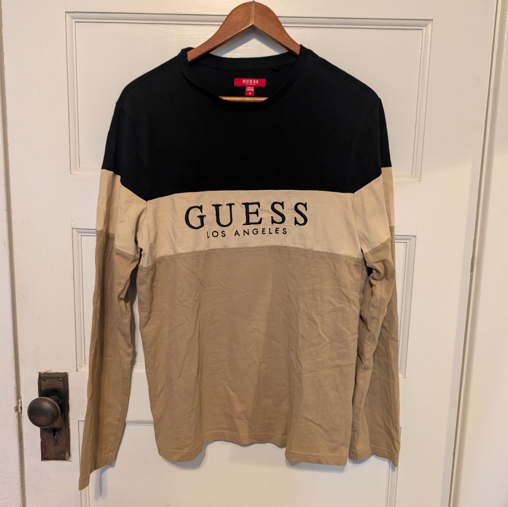 Vintage Guess Striped Long Sleeve Shirt Mens Medium Retro Y2K Tan Khaki Black